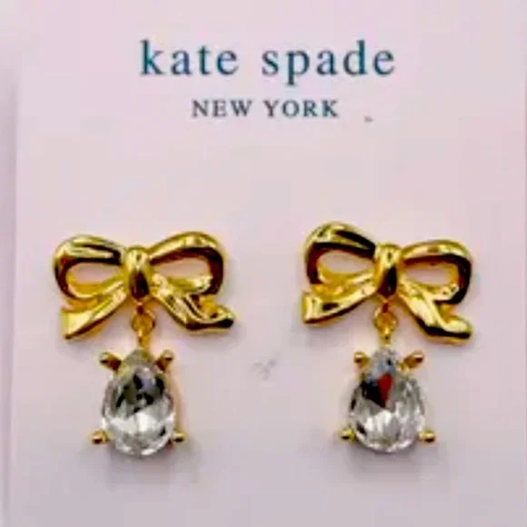 New Kate Spade Gold Tone Bow CZ Dangle Earrings - Picture 7 of 14